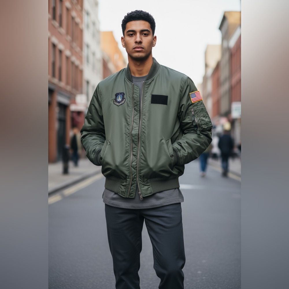 EUC - Mens Military Style Bomber Jacket with patches